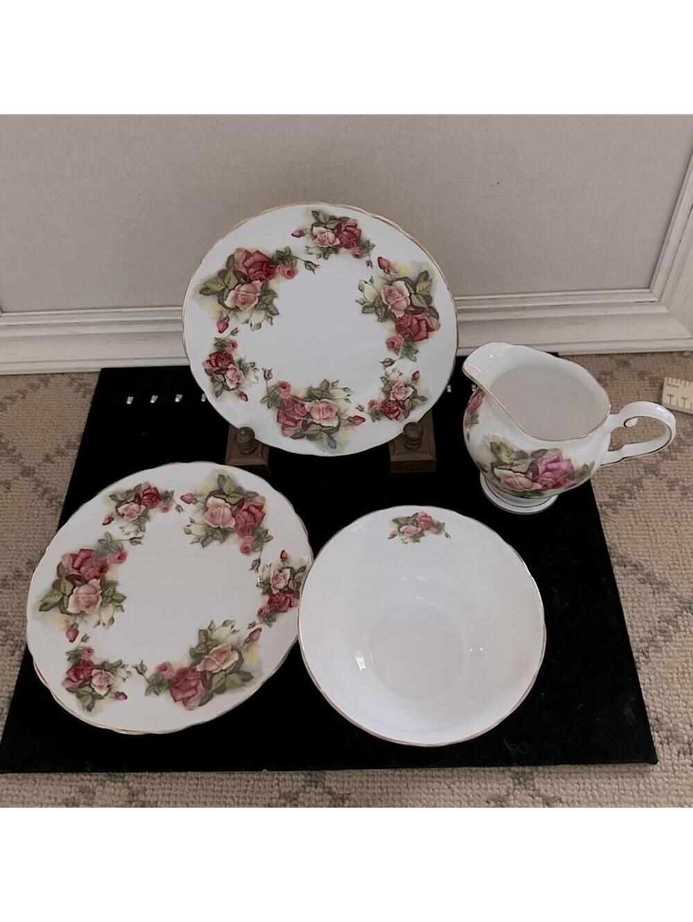 Vintage Tuscan Victoria rose patterned open sugar bowl, creamer, dessert plates
